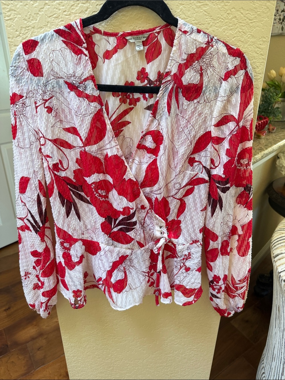 Guess Red and White Floral Wrap Top - Long Sleeve